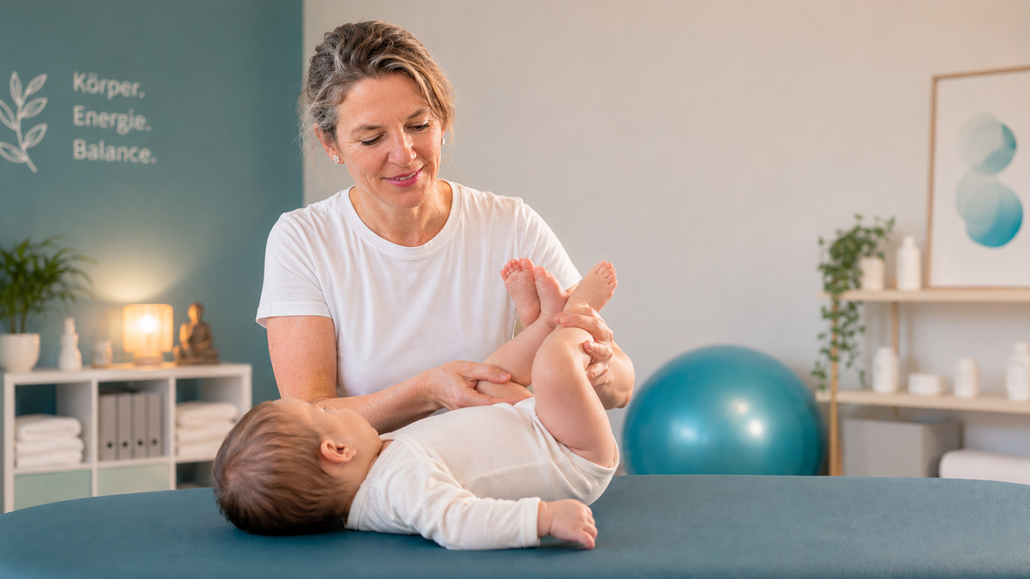 Sanfte Untersuchung der Hüftbeweglichkeit eines Babys in der Praxis Julia Wilken in Leverkusen